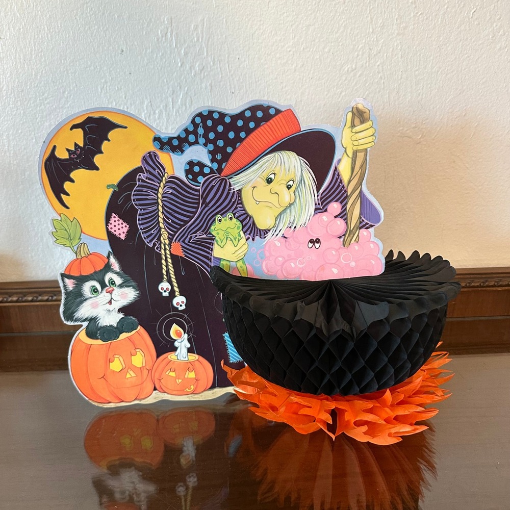 Vintage Halloween Witch Cauldron Honeycomb Centerpiece Double Sided Decoration
